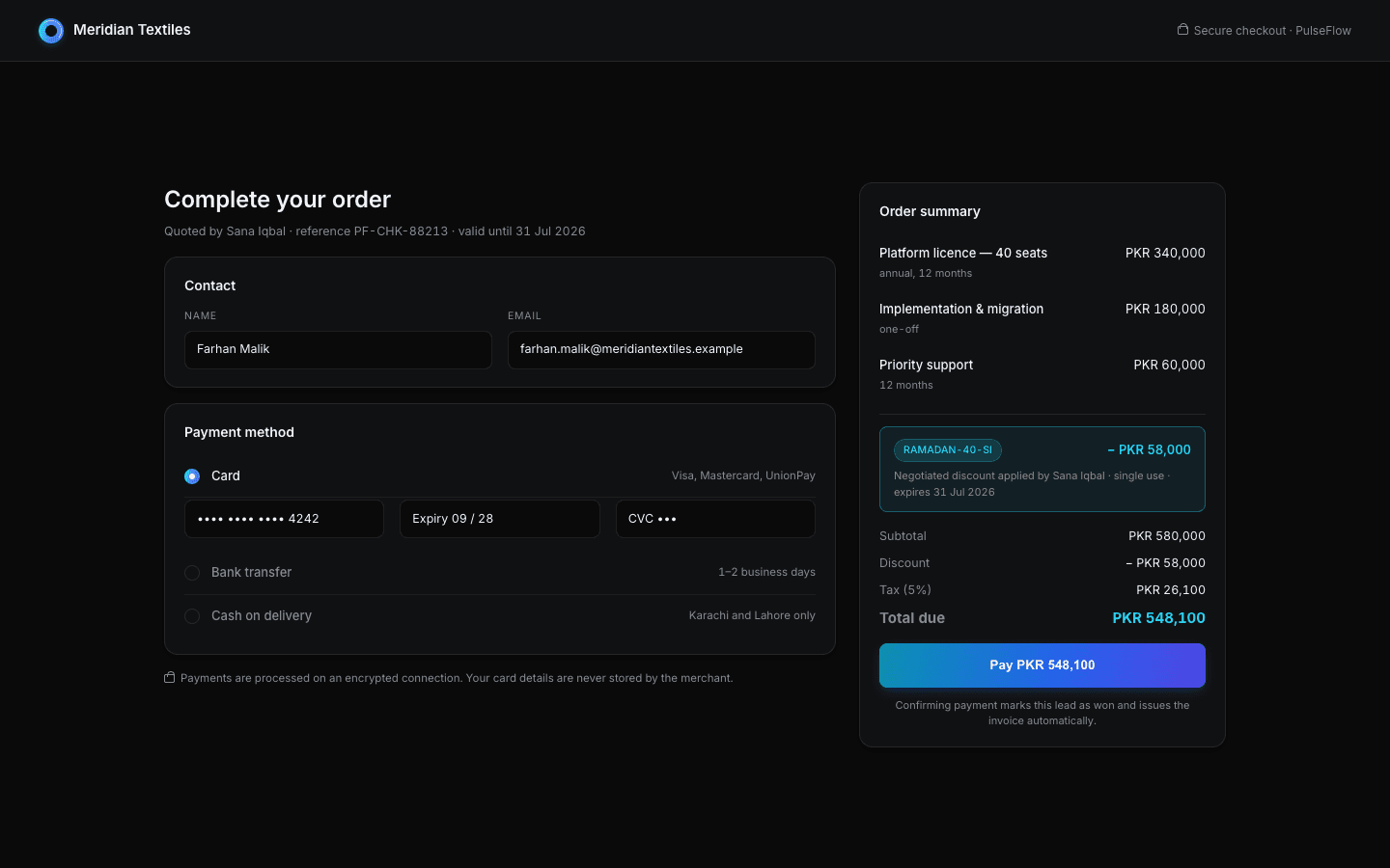 PulseFlow customer checkout with a negotiated discount applied