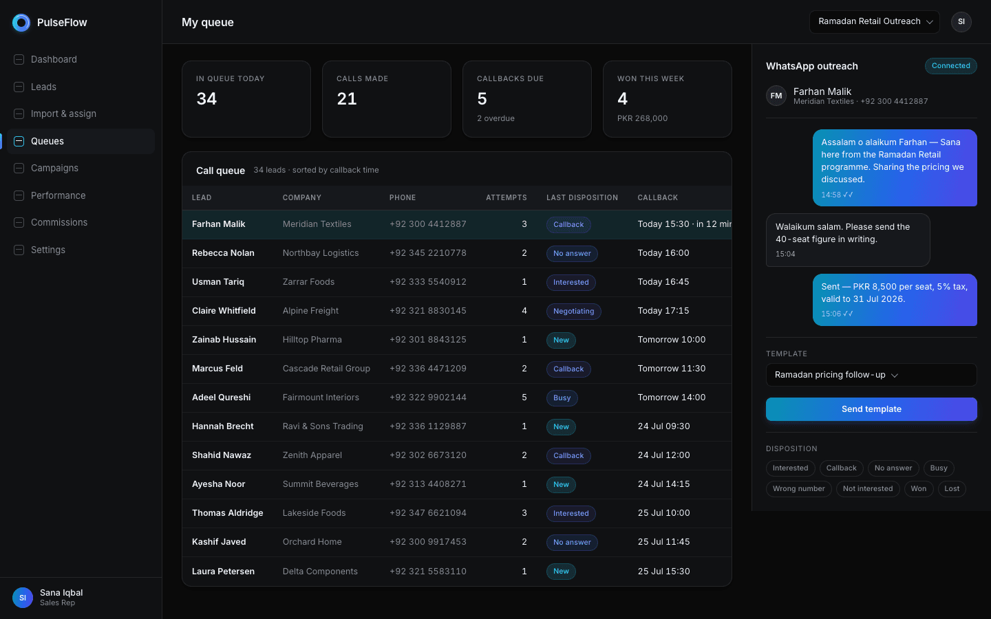 PulseFlow rep call queue with WhatsApp outreach panel
