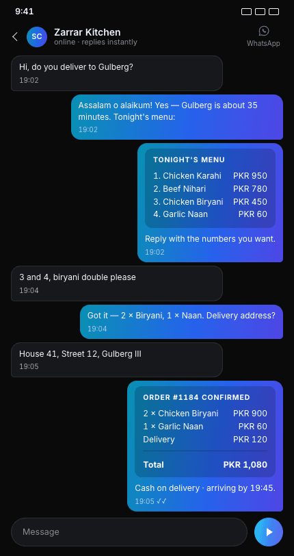 Sales Cheetah WhatsApp conversation taking a restaurant order