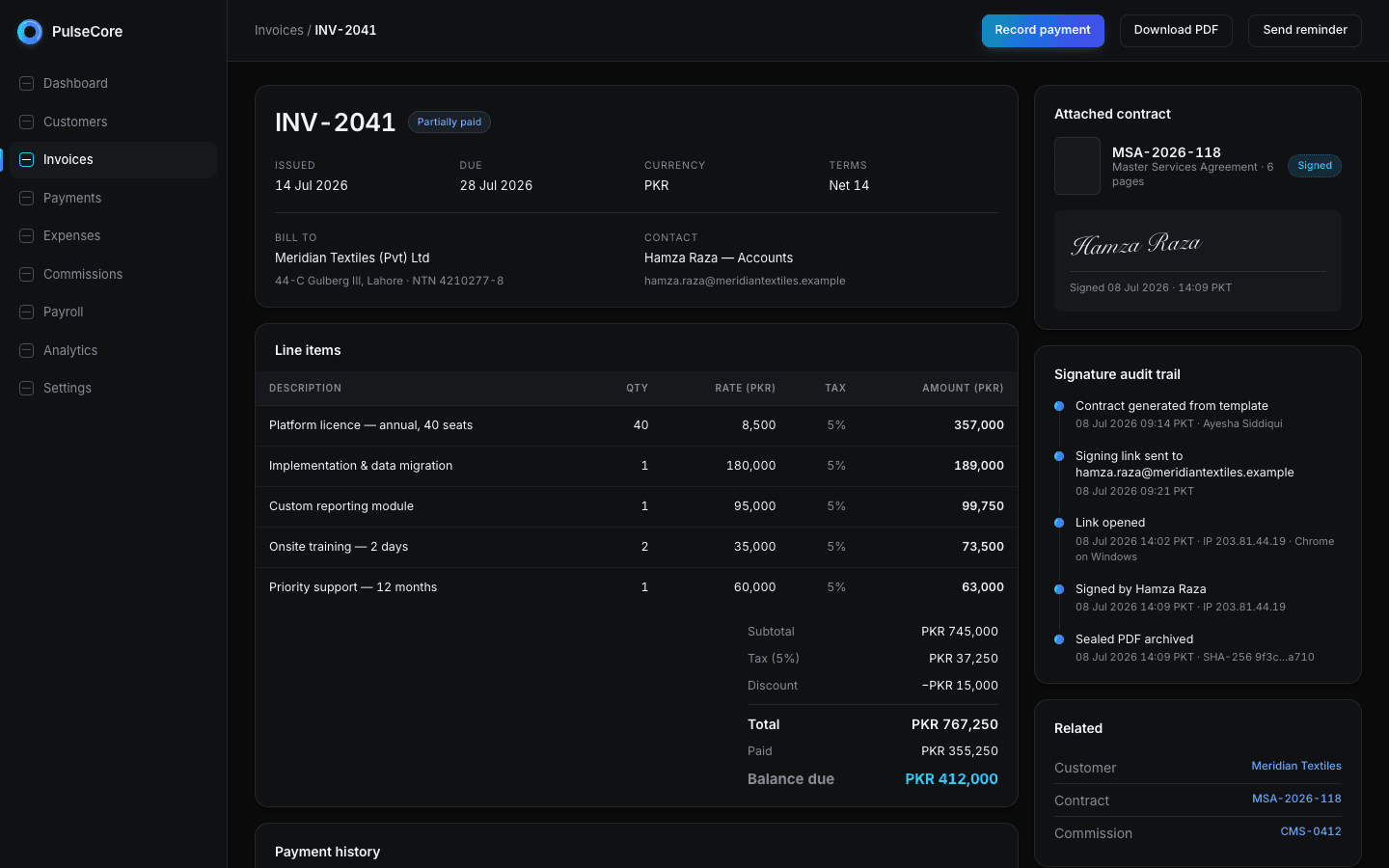 PulseCore invoice detail with an attached signed contract