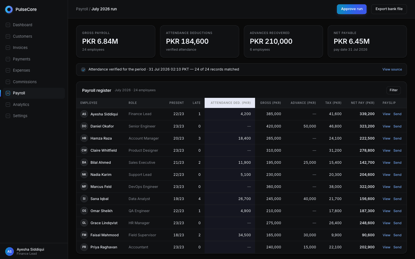 PulseCore payroll run with attendance-driven deductions
