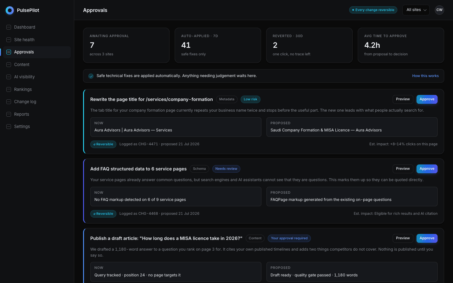 PulsePilot approval queue showing proposed changes in plain English