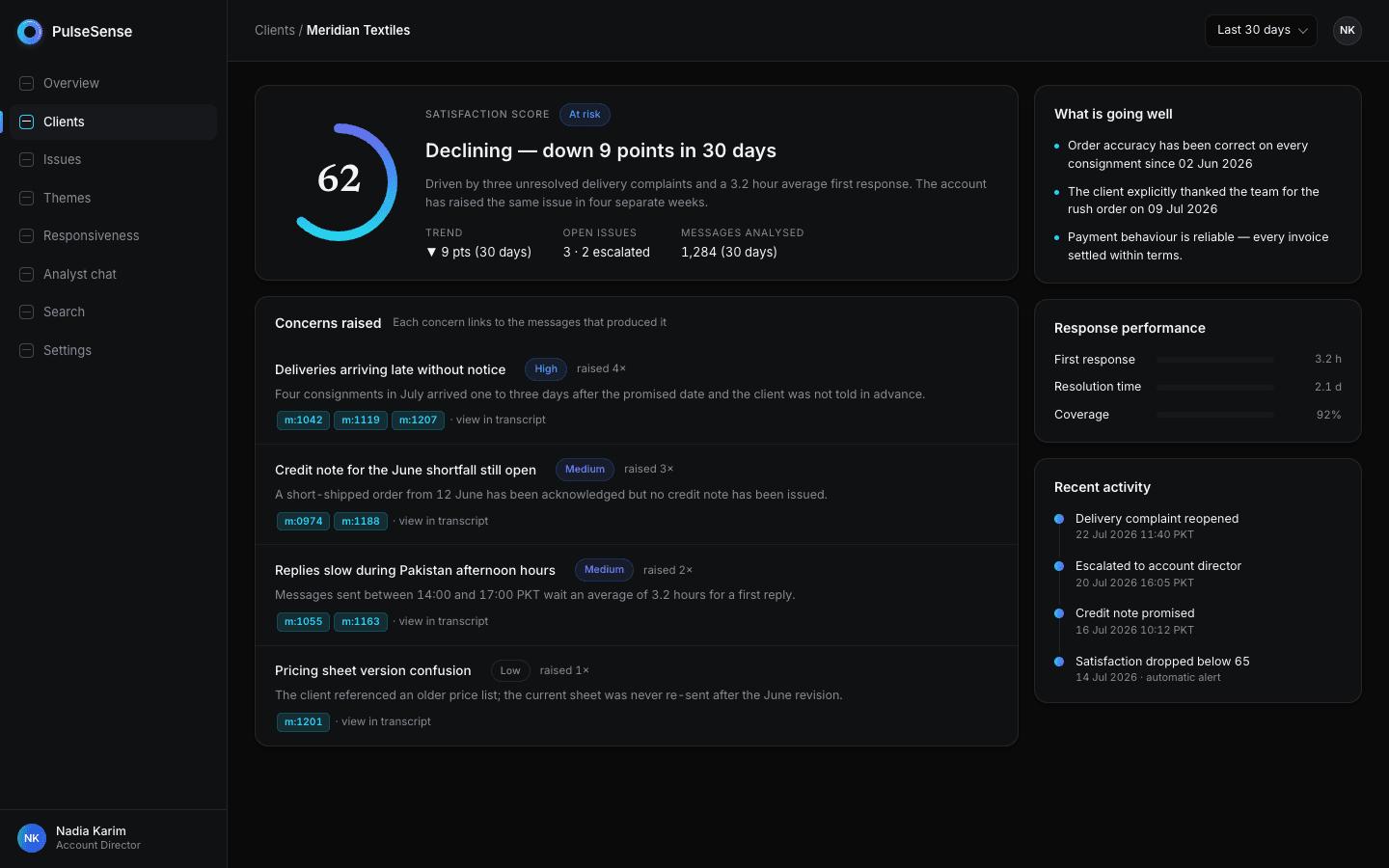 PulseSense client detail with satisfaction score, concerns and supporting messages