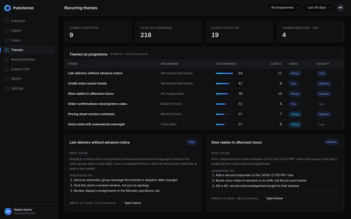 PulseSense recurring issue themes with suggested fixes